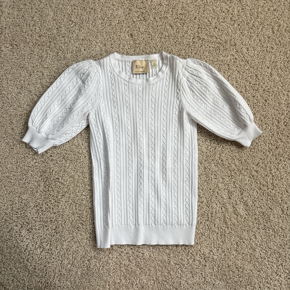 Elie Tahari White Puff Sleeve Sweater